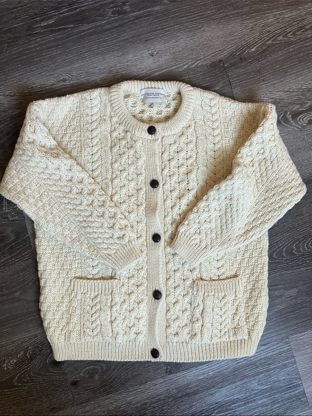 Aran Hand-Knit Cable Button-Front Sweater Cardigan in Cream